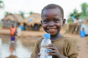 An African child happily holding up a water bottle with village life in the background. - obrazy, fototapety, plakaty