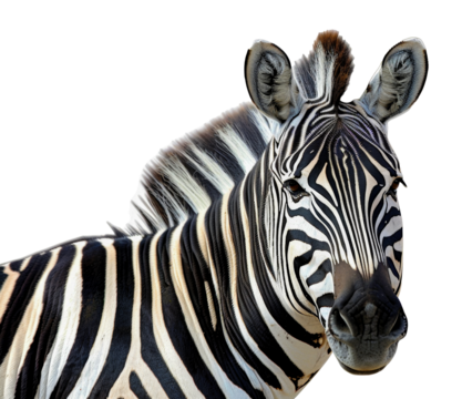 A zebra is looking at the camera with its head tilted, cut out - stock png.
