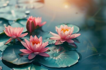 Pink lotus flowers blooming beautifully on a tranquil pond