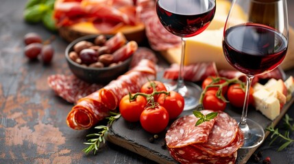 Red wine glasses with a charcuterie board featuring cheese meats