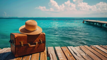 The concept of travel and leisure depicted by a suitcase and straw hat on a wooden jetty with a...
