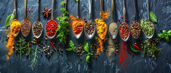 Variety of colorful spices and herbs in metal spoons arranged on a dark stone background.