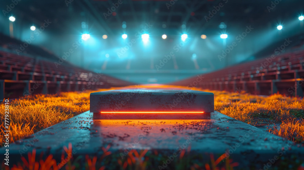 Poster podium in the center of a stadium, surrounded by rows of empty seats and light flashes. the podium i