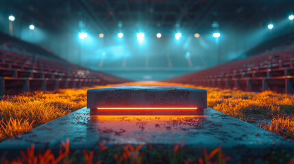 podium in the center of a stadium, surrounded by rows of empty seats and light flashes. The podium is simple and perfect to show your product, the playground of grass inside.