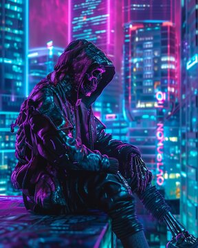 Cryptid Skeleton Future City Backdrop Cool Tones Wide Angle Amidst Neon Skyline