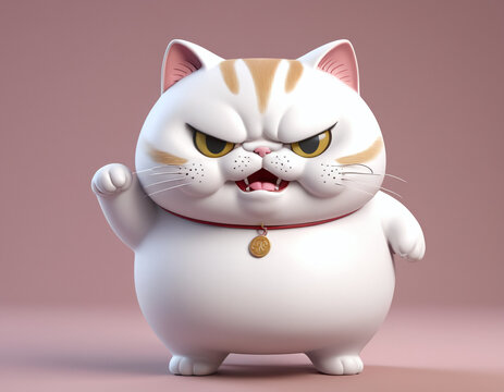3D render angry white fat cat, mad madness face expression cute overweight animals
