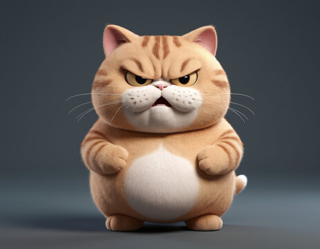 3D render angry orange fat cat, mad madness face expression cute overweight animals
