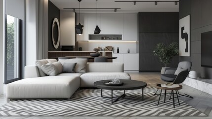 Fototapeta premium In a monochrome living room with wood and grey tiling accents, a chic chevron pattern rug adds a touch of personality and charm to the space