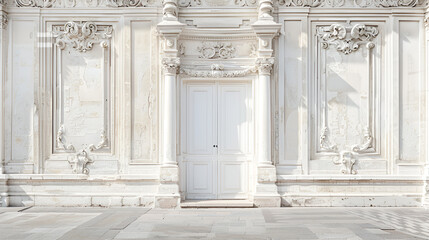 white classic wall with doorb Classic interior walls with copy space.White walls with ornated  mouldings and classic cornice.Classic door.Floor parquet.Digital Illustration.3d rendering, Generative Ai - obrazy, fototapety, plakaty