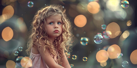 young girl with long curly blonde hair sits on the ground surrounded by bubbles, generative AI - obrazy, fototapety, plakaty