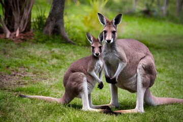 Naklejka na ściany i meble Heartwarming portrait of kangaroo mother and son in natural habitat