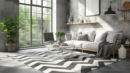 A harmonious monochrome living room featuring a seamless fusion of wood and grey tiling accents, punctuated by a dynamic chevron pattern rug, creating a balanced and inviting atmosphere - obrazy, fototapety, plakaty