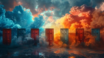 A series of doors in the sky, each leading to different realms of imagination, photorealistic