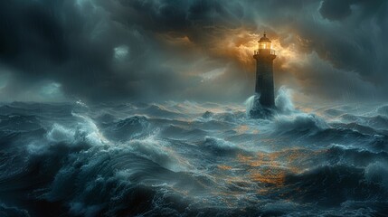 A lighthouse illuminating the path for ships in a stormy sea, symbolizing guidance - obrazy, fototapety, plakaty