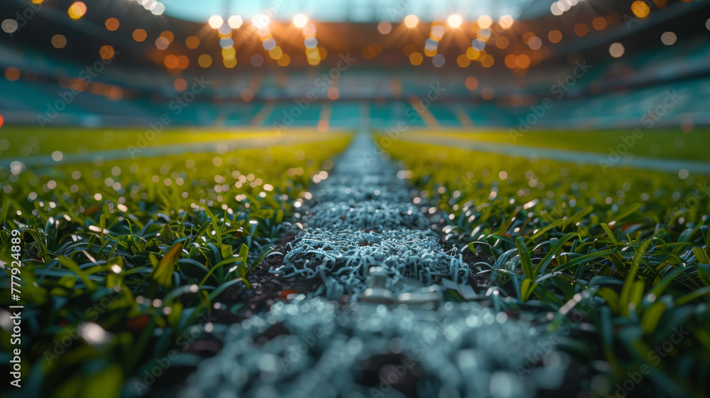 Poster podium in the center of a stadium, surrounded by rows of empty seats and light flashes. the podium i
