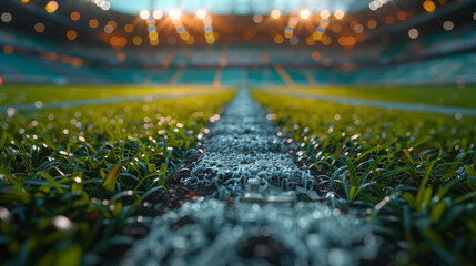 podium in the center of a stadium, surrounded by rows of empty seats and light flashes. The podium is simple and perfect to show your product, the playground of grass inside. - obrazy, fototapety, plakaty