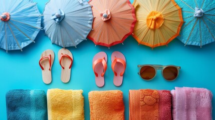 Top view of summer beach accessories arranged on a blue background, featuring colorful flip-flops, towels, sunglasses, and decorative sea stars and shells.
