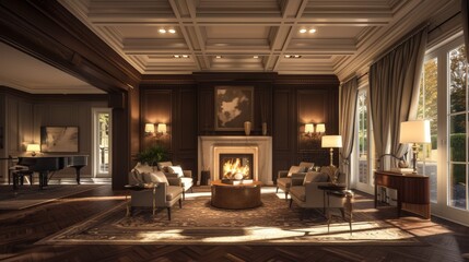 An elegant living room interior featuring rich hardwood floors, a coffered ceiling with intricate detailing, and a roaring fire in the fireplace of a new luxury home - obrazy, fototapety, plakaty