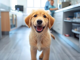 a playful golden retriever puppy inside a veterinary clinic, captured from a front view perspective, bright eyes, showcasing the friendly and welcoming atmosphere of the clinic