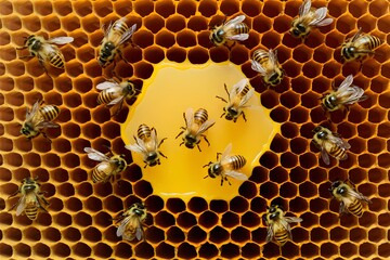 Honeycomb frame with bees and honey, apiary concept