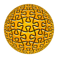 Golden spherical jigsaw puzzle isolated on white background.	
