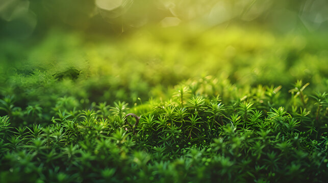 Close-up of freshness green moss growing covered on stone floor with water drops in the sunlight, selected focus, Green  mos  in forest background. Nature and outdoor background

