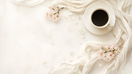 Obraz na płótnie Canvas Sakura branches with flowers, White cup with Black Coffee on a dark wooden surface. Flat lay, top view Coffee High angle view of coffee on table, Generative Ai