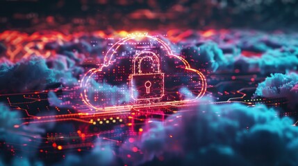 Data cloud with padlock icon floating in the center of it.