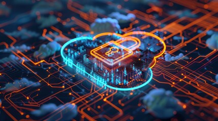 Data cloud with padlock icon floating in the center of it.