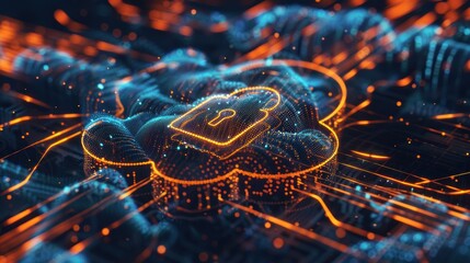 Data cloud with padlock icon floating in the center of it.