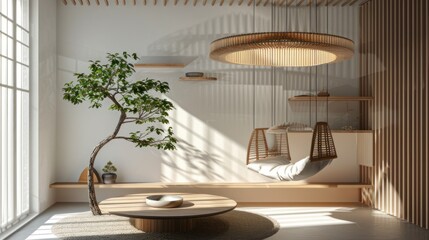 3D rendering of a cat house interior design with a wooden shelf and white walls.