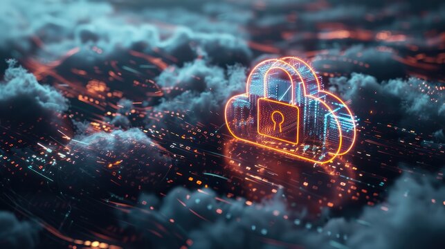 Data cloud with padlock icon floating in the center of it.