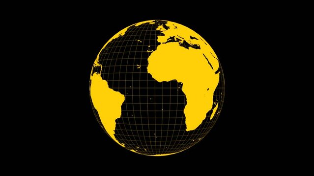 3d animation of rotating golden yellow earth globe at night isolated on black background