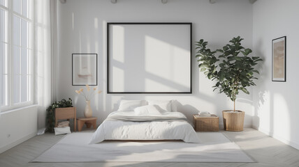 Bright and tranquil bedroom, featuring a lush rubber plant, soft natural light, and minimalist decor that evoke serenity.