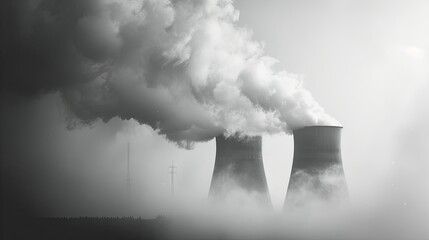 Cooling towers of a nuclear power plant in the fog and smoke - obrazy, fototapety, plakaty
