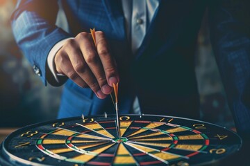 Businessman's hand with a dart in the center of a dartboard.