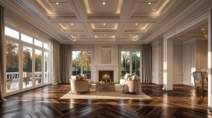 A breathtaking view of a luxurious living room with polished hardwood floors and a meticulously detailed coffered ceiling, exuding an air of opulence and refinement