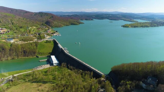 Water Dam On Solina Lake Bieszczady Mountains Aerial View Poland