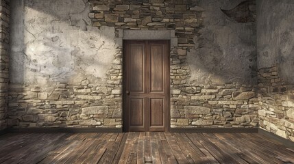 Old empty room with wooden door and stone wall.