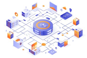 Data center isometric flowchart with server and computer icons on white background vector illustration