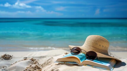 Fototapeta na wymiar Straw hat and sunglasses resting on an open book on a sandy beach with the ocean in the background. summer vacation