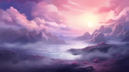 Foto auf Alu-Dibond Surreal and dreamlike landscape wallpaper in purple tones © MOUISITON