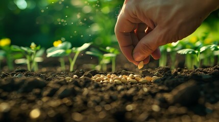 Farmer's hand planting seeds in soil