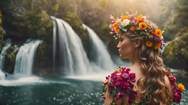 Floral Person in Surreal Landscape with Floating Elements