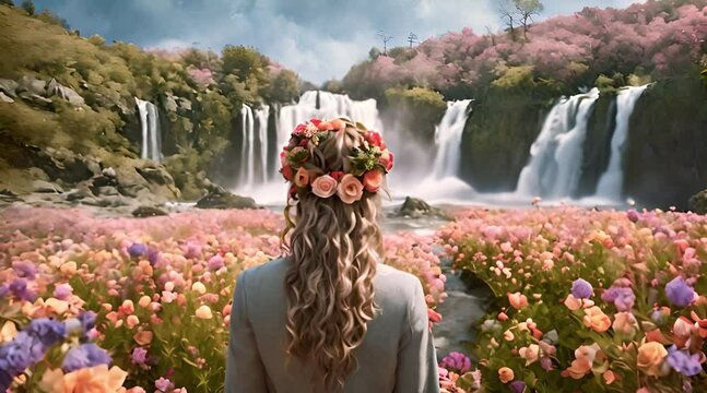 Floral Person Amidst Floating Rocks and Waterfalls
