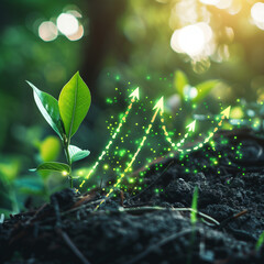 Sprout with Glowing Growth Arrows in Forest Soil Symbolizing Potential.. - obrazy, fototapety, plakaty