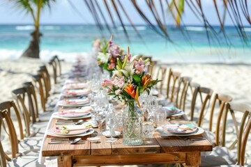 Dinner table reception decorate at beach resort Dinner Wedding.