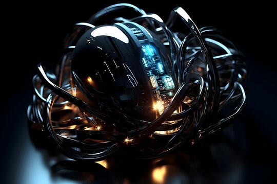 Tangled Wires and Digital Keys in a Futuristic Cybersecurity Disruption D Render