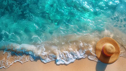 A sunhat by the edge of clear turquoise waters, where gentle waves meet the sandy shore. Summer background