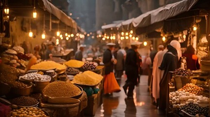 Nighttime Bustle of Ancient Arabian Market with Merchants and Exchanges